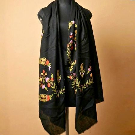Black Kashmiri Woolen Shawl with Botanical Hand Embroidery